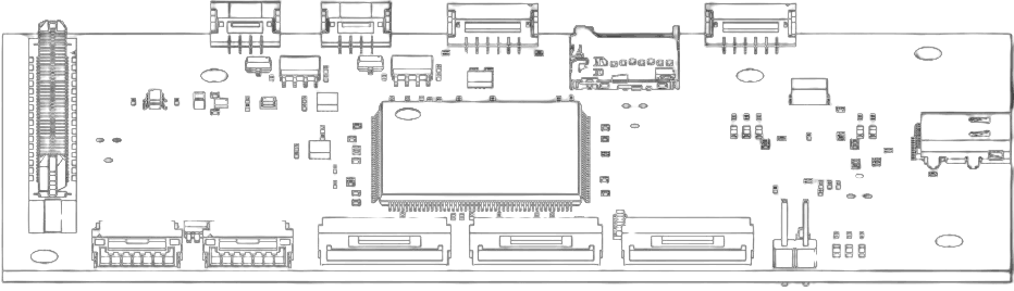 CAD line-art of a PCB layout — connectors, package, passives